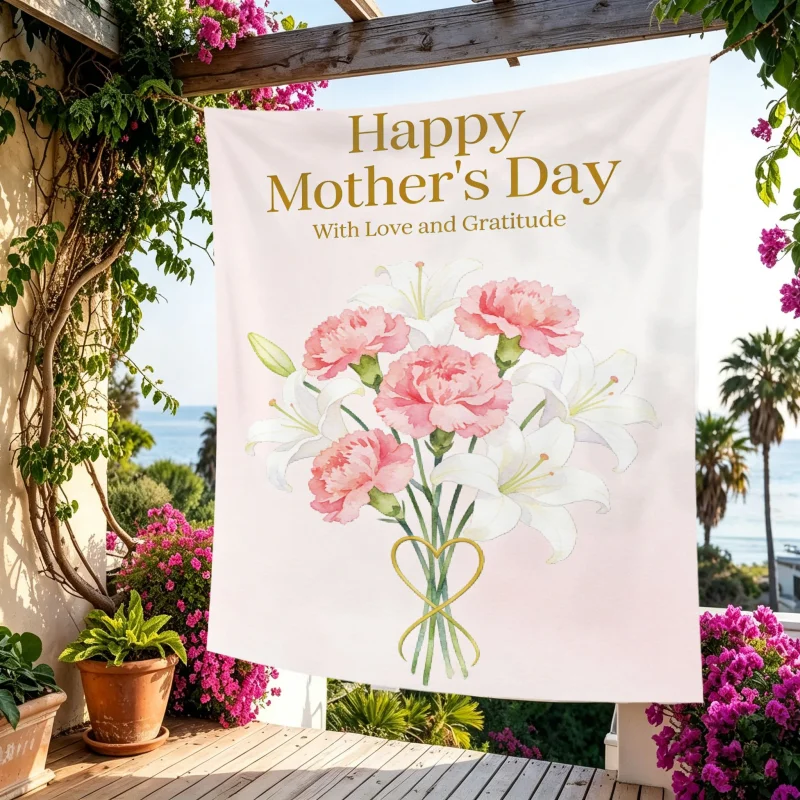 2026 Mother's Day Carnation Lily Poppy Tapestry, Watercolor Butterfly Polyester Wall Hanging, Gratitude Gift for Mom