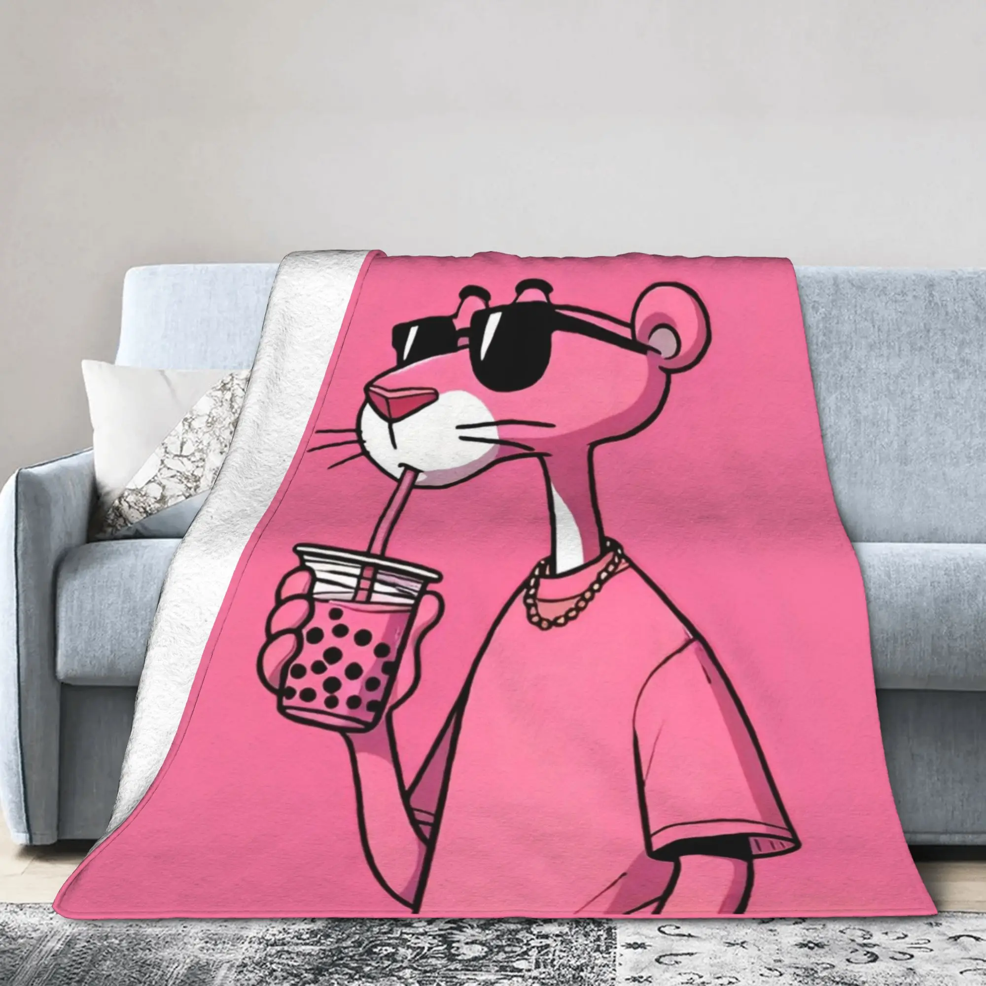 P-Pink P-Panther شرب مشروب بطانية الصوف مضحك لينة رمي بطانية للمنزل مطعم الخريف/الشتاء ،