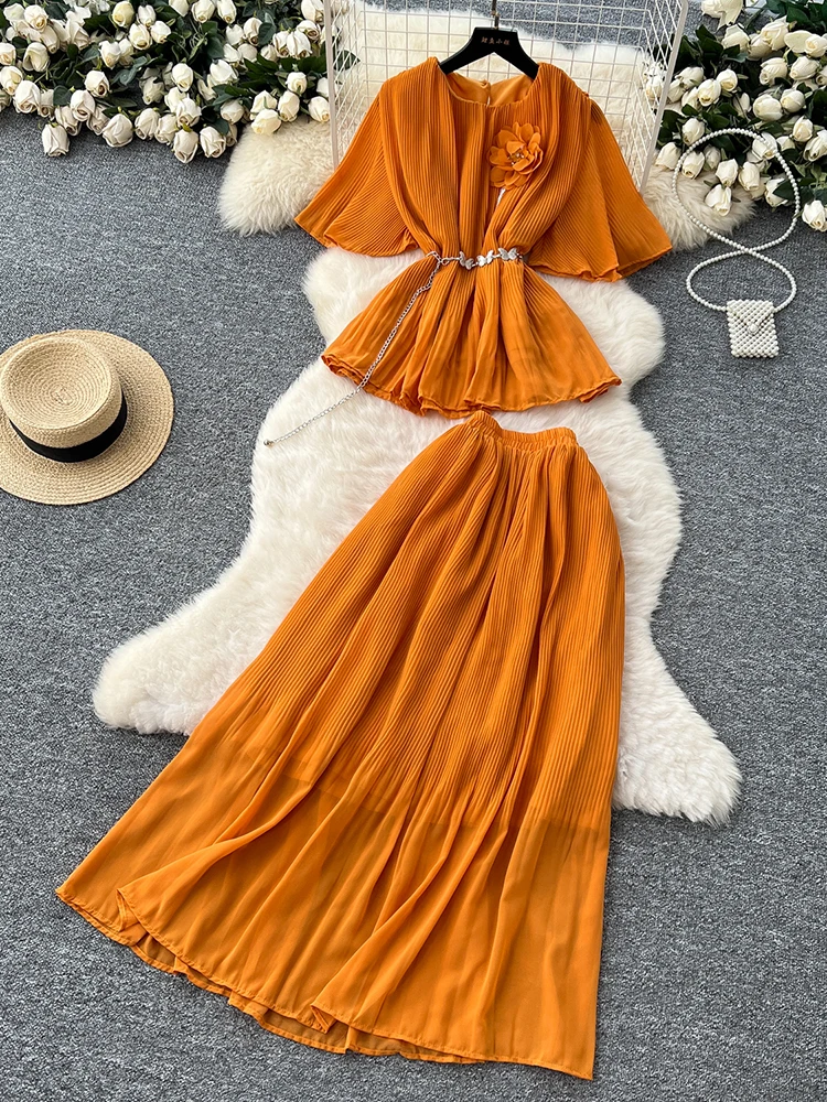 Summer New Women's Skirt Chiffon Two-piece Set Three-dimensional Flower Trumpet Sleeve Top+ Pleated Large Swing Skirt Set C259