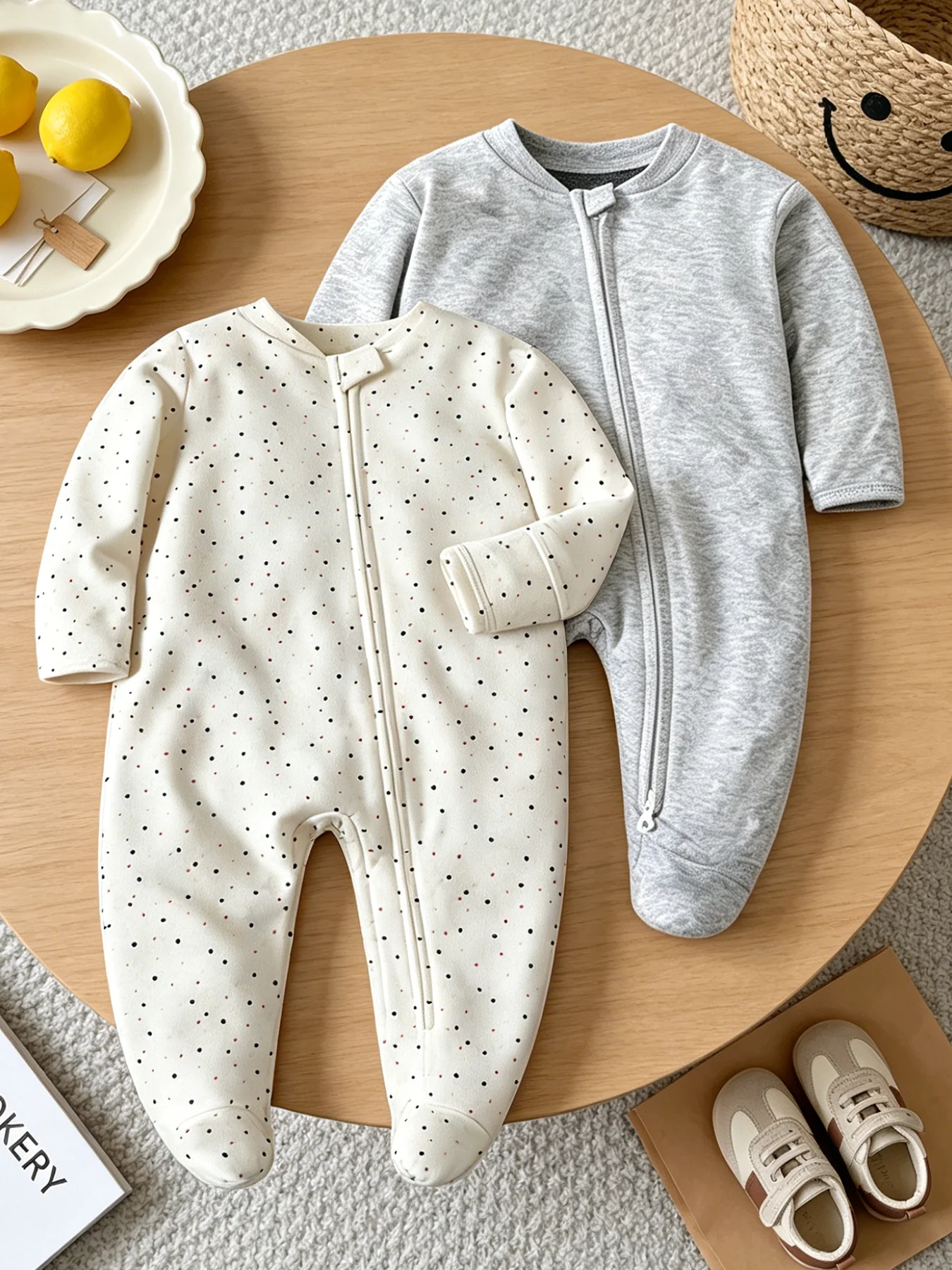 TtkaaBaby 100% Cotton Small Polka Dot Footed Long-Sleeve Side-Zip Baby Two-Piece Romper Set—Full-Moon Sleepwear