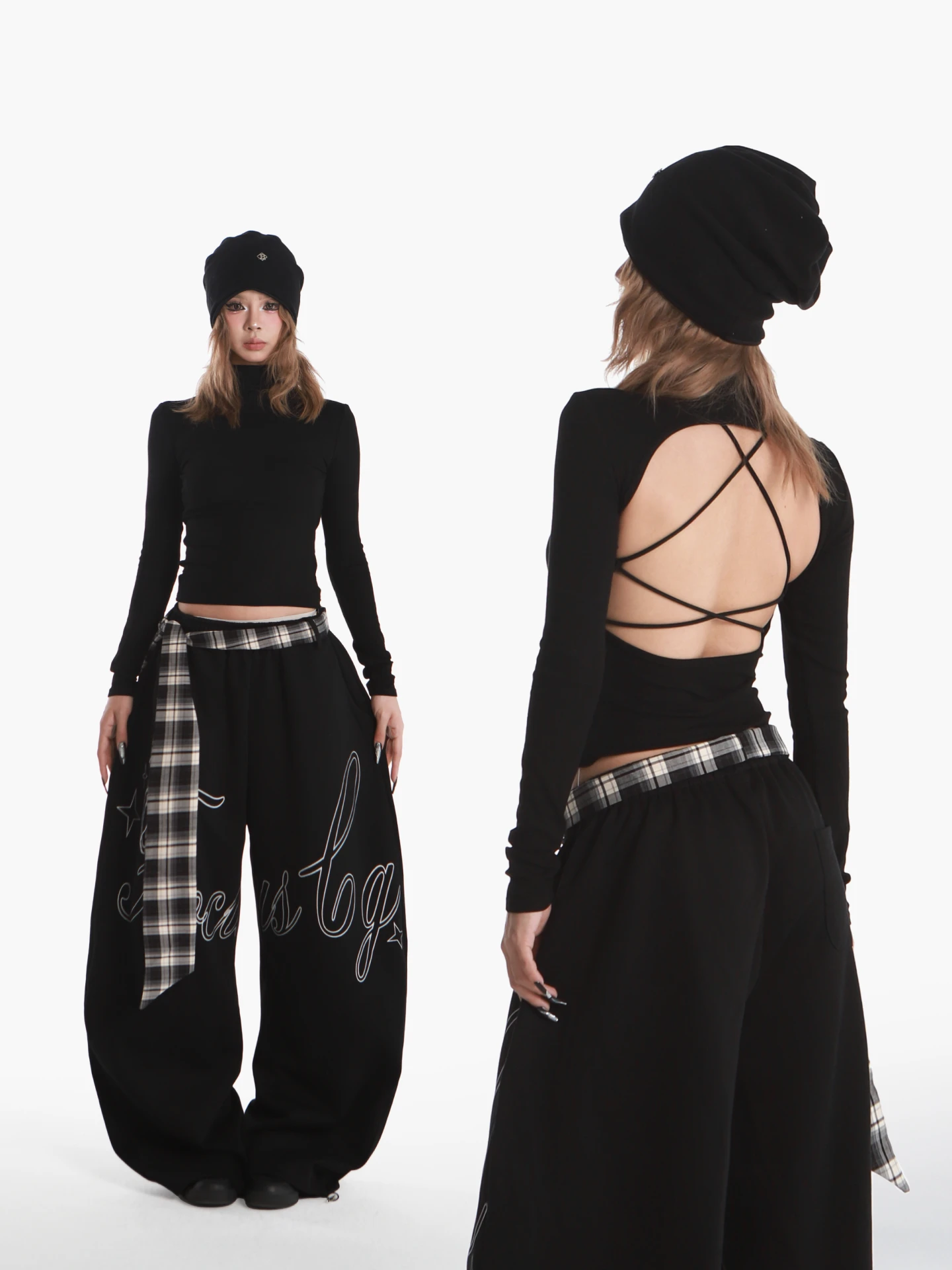 

POOKIE Sexy Girl Style Black Backless T-Shirt Women's Jazz Dancing Set with Plaid Wide Leg Casual Pants Fashionable Four Seasons