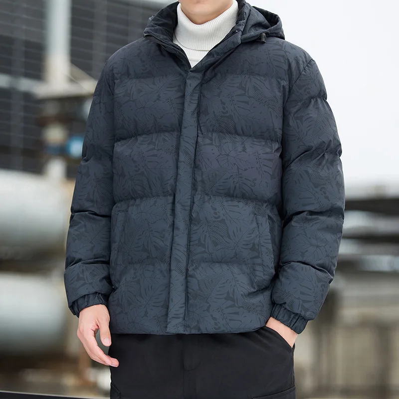 Man Coat Winter Thicken Cold-proof Printed Stand Collar Male Down Jacket Long Sleeve Zipper Hooded Windproof Men Outerwear