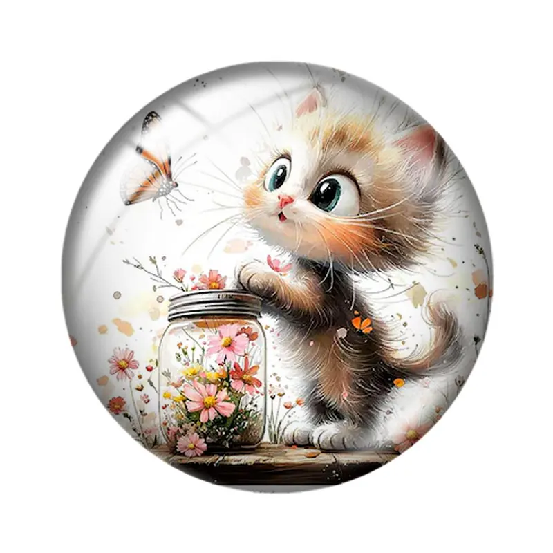 คาโบชองแก้วทรงกลมลายแมวน้อยน่ารักสไตล์สีน้ำ สำหรับงานประดิษฐ์ 10 ชิ้น ขนาด 12 มม./18 มม./20 มม./25 มม. ด้านหลังแบน