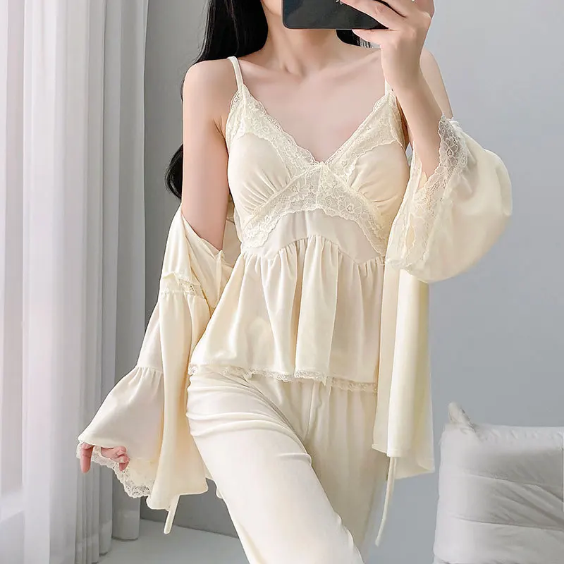 

Осень-зима бархатный пижамный комплект из 3 предметов, одежда для сна, сексуальная кружевная отделка, женское кимоно, банный халат, брюки на бретельках, повседневный пижамный костюм, домашняя одежда