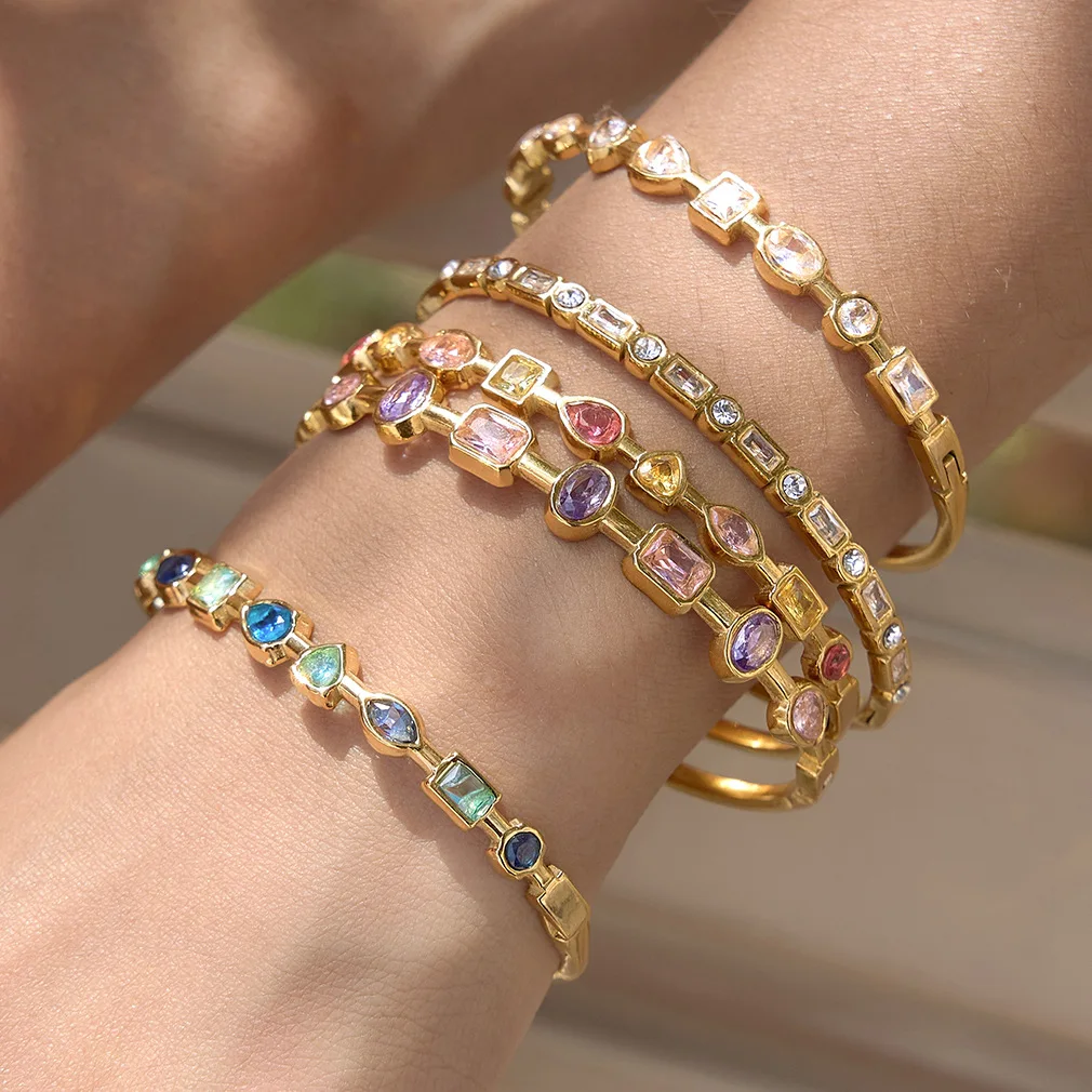 

Stainless Steel Delicate Blue Pink Geometric Shape Splicing Colored Zircons Bracelet for Women 18K Gold Plated New Bracelets