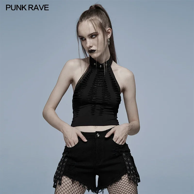 

PUNK RAVE Daily Hollowed Out Short Vest Elastic Sexy Knitted Tops Spider Pattern Mesh Tees Front Back Tanks Summer Women Clothes