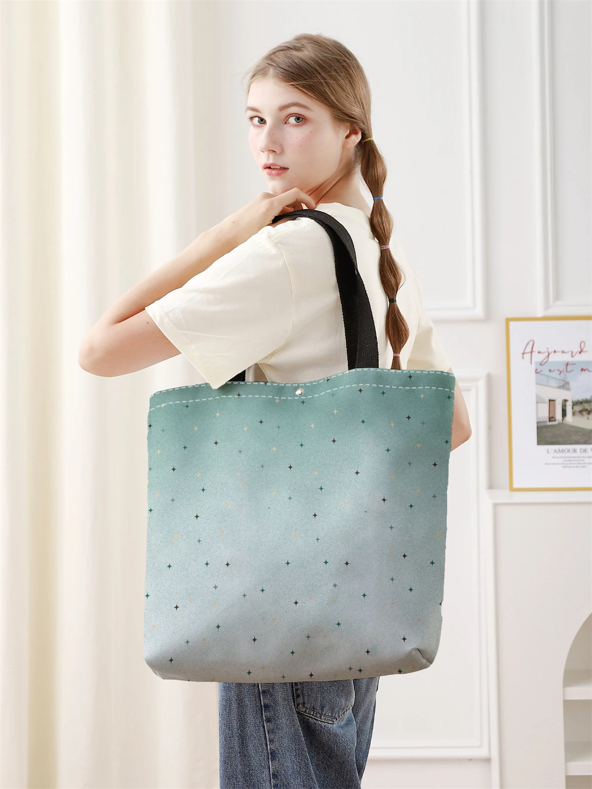 قطعة واحدة، حقيبة يد منقوشة على شكل نجمة، حقيبة يد عصرية قابلة لإعادة الاستخدام، حقيبة يد متعددة الوظائف، حقيبة تسوق قماشية مطبوعة #2