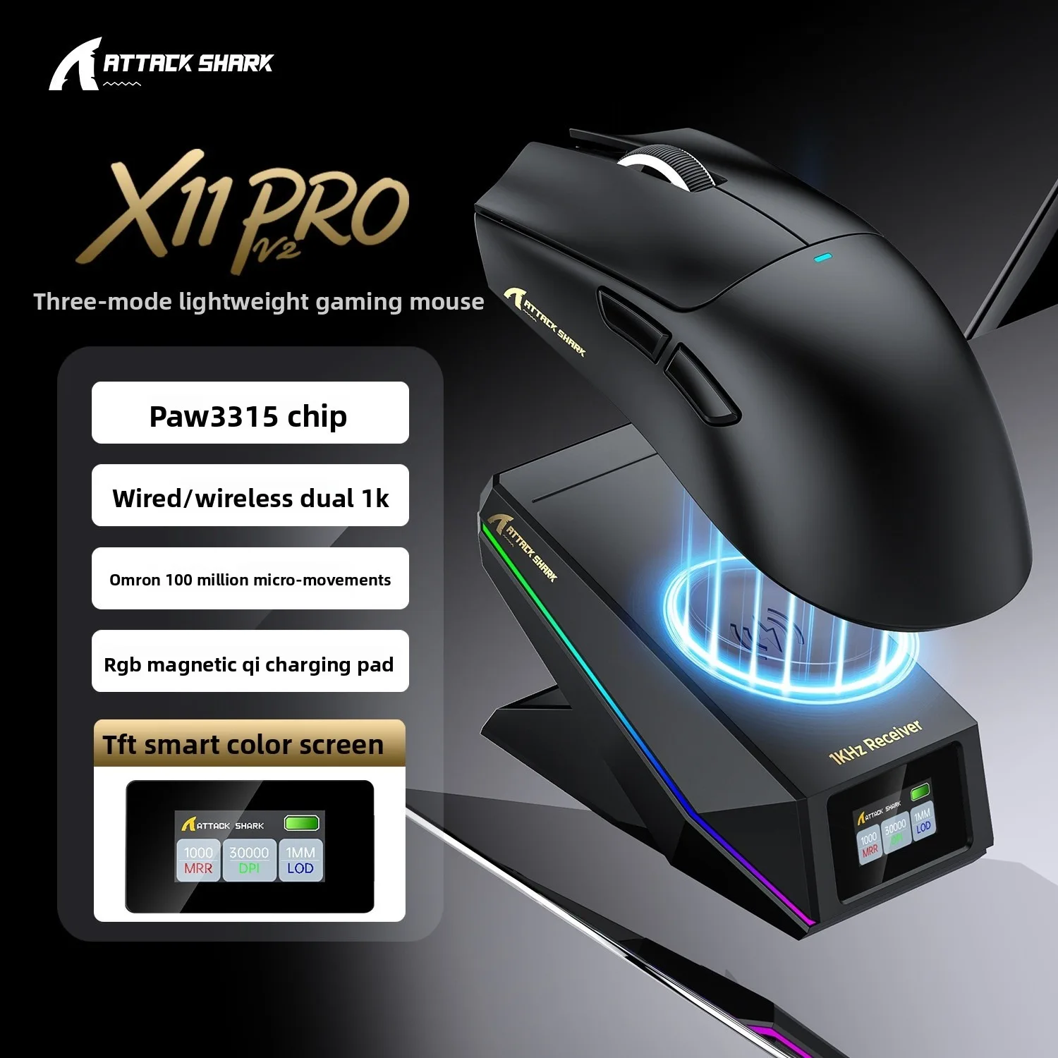 2026 NEW Attack Shark X11 PRO V2 65g Ultra Light Gaming Mouse 30000 DPI 40G Tri Mode Mouse With RGB Charging Dock TFT Screen