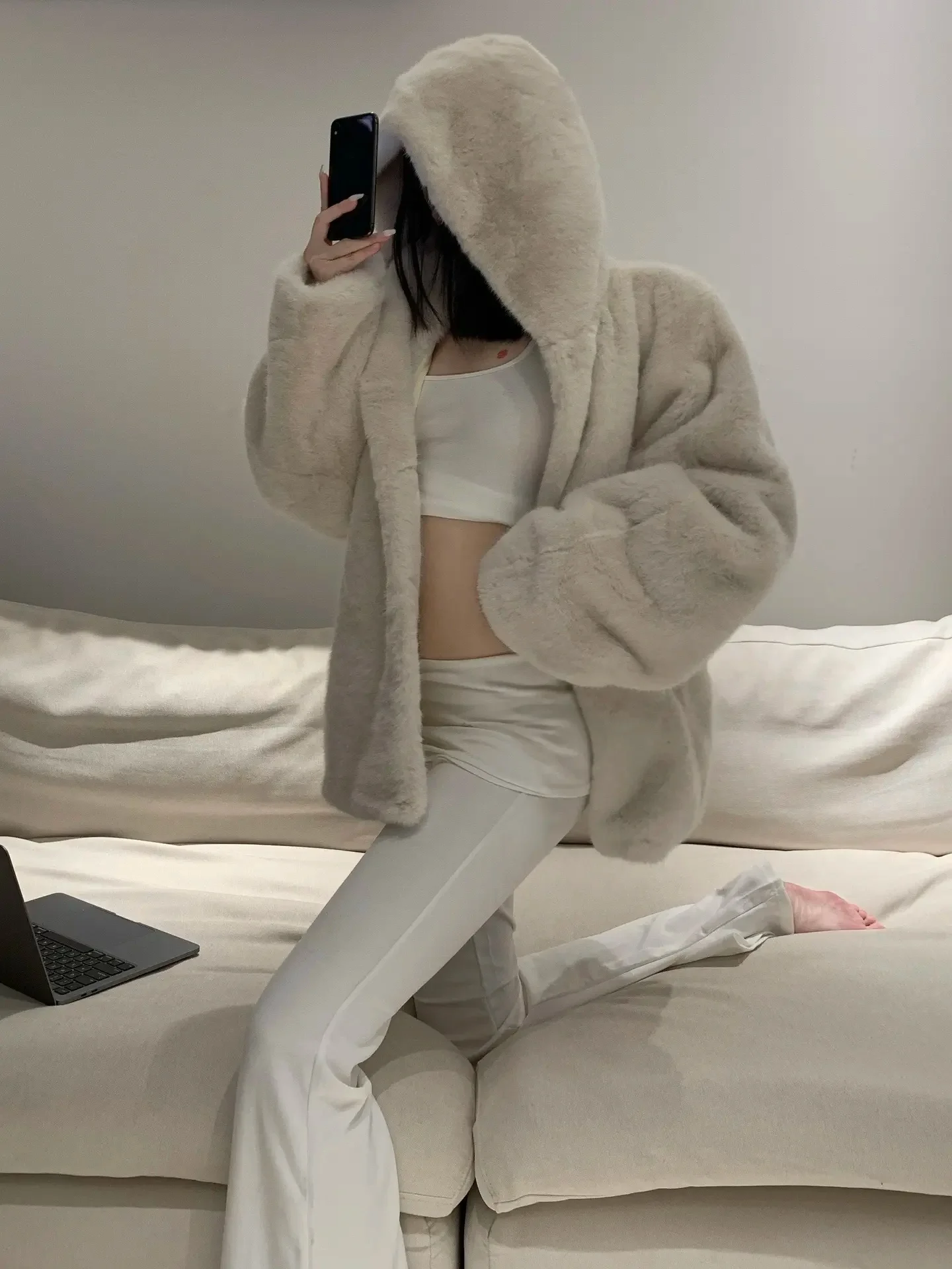 

Soft Thickened Double-Sided Faux Rabbit Fur Cotton Jacket for Men Winter Warm Zipper Closure Hooded Youth Fashion Outerwear