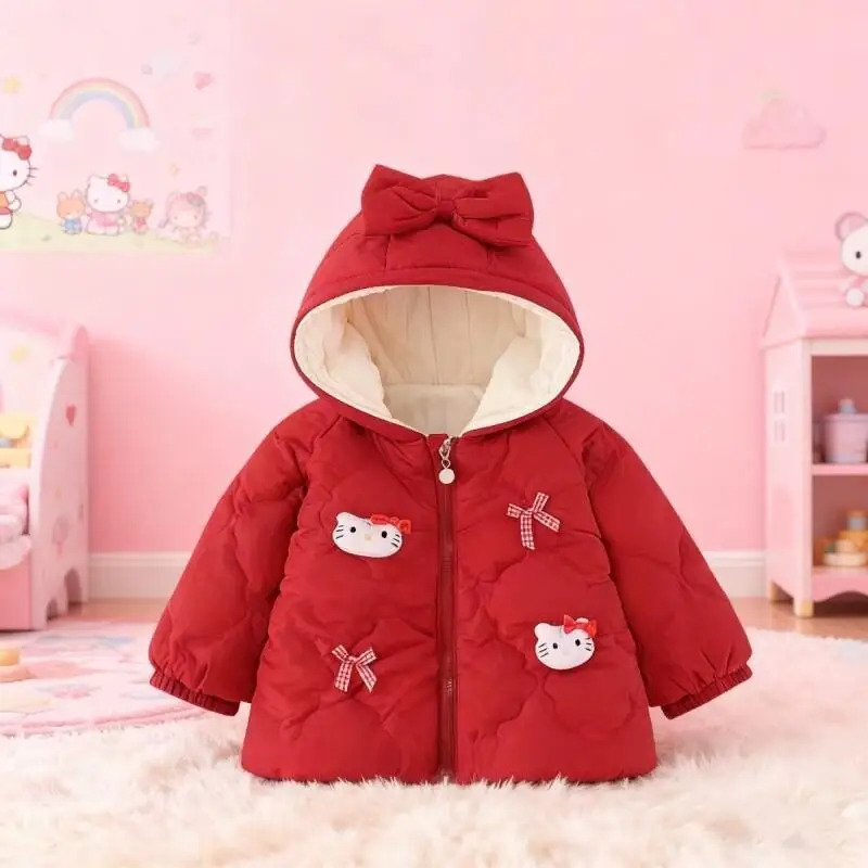 

Стеганая куртка Sanrioed Hello Kitty для девочек, флисовое хлопковое пальто для младенцев, кавайная рождественская вышивка, бархатные топы, зимняя верхняя одежда