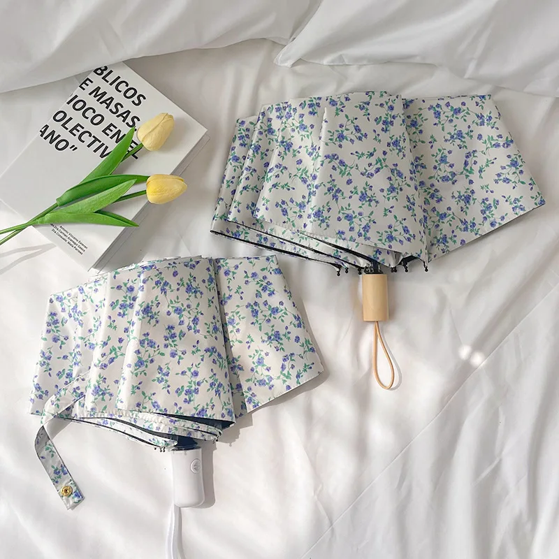 Floral UV Protection Umbrella for Women Foldable Sun Rain Dual Use Black Coating Ultra Light Mini Portable