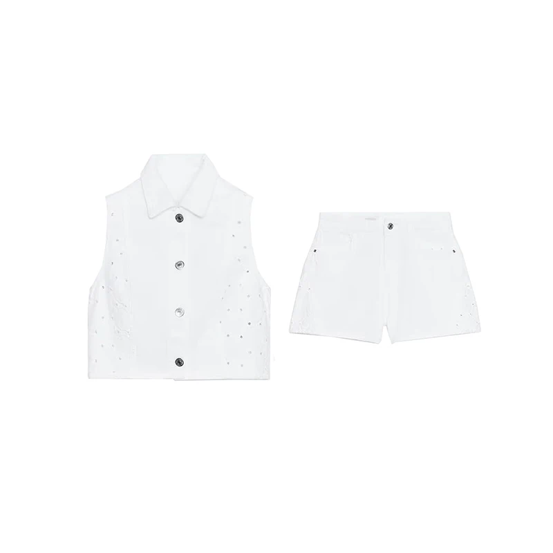 

2025 Summer New Women's Sle Vest 88907 orts 889077 Denim 889076 Faion Set Polyester Fiber Long Pants Collar Bu...