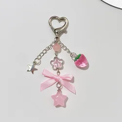 Sweet Pink Strawberry Bow Handmade Beaded Cute Keychain Bag Pendant Earphone Chain Phone Chain for Women Girls