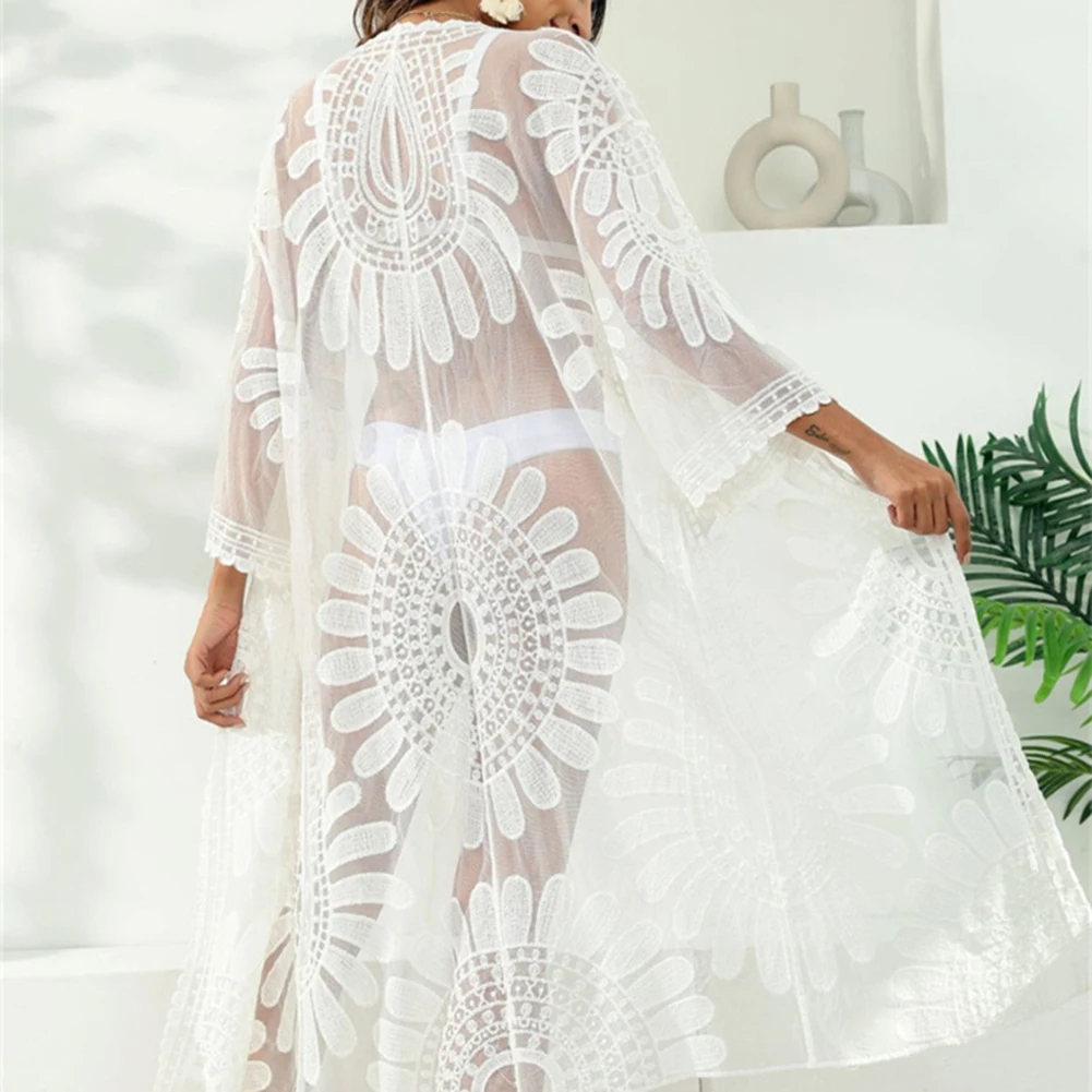 3 4 Sleeves Beach Cover Up Floral Embroidery Lace Cut-Outs Loose Fit 3 4 Sleeve Beach Blouse Tag Size One Size For Summer