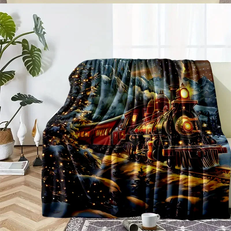 1pc Fluffy Throw Blanket, 2D Flat Christmas Steam Train Snowy Mountain Night Scene Print, Warm Blanket for Sofa Bedroom