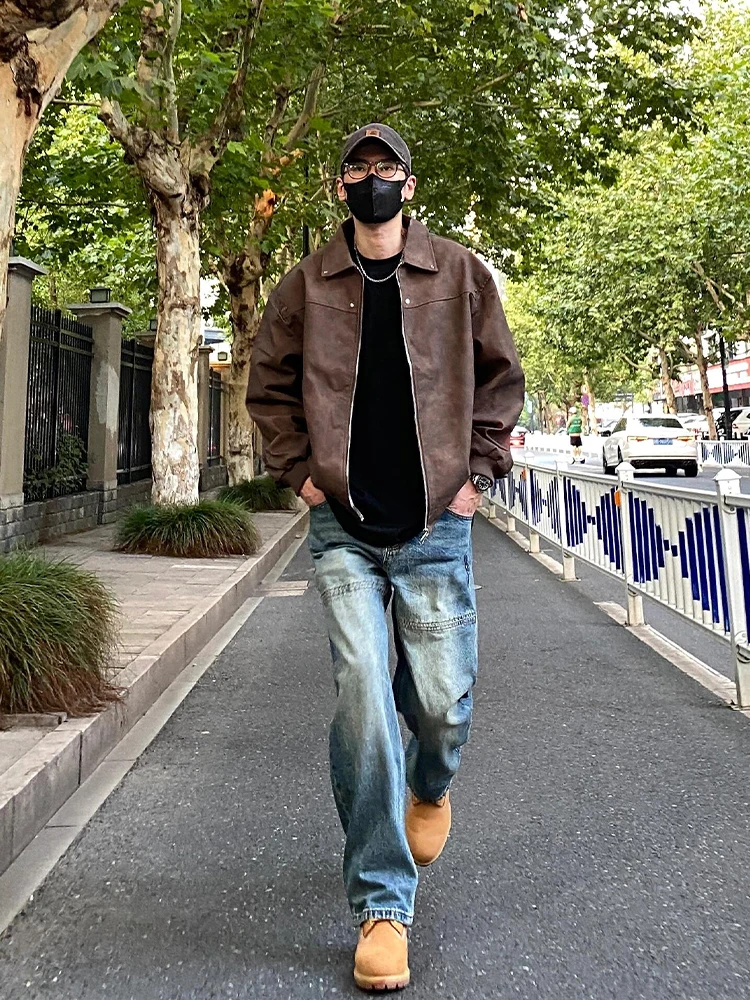 

American Retro ort Leather Jaet Men's Spring Autumn Hard Man Baseball Sle Flight Suit High Street Jaet Youth Trend