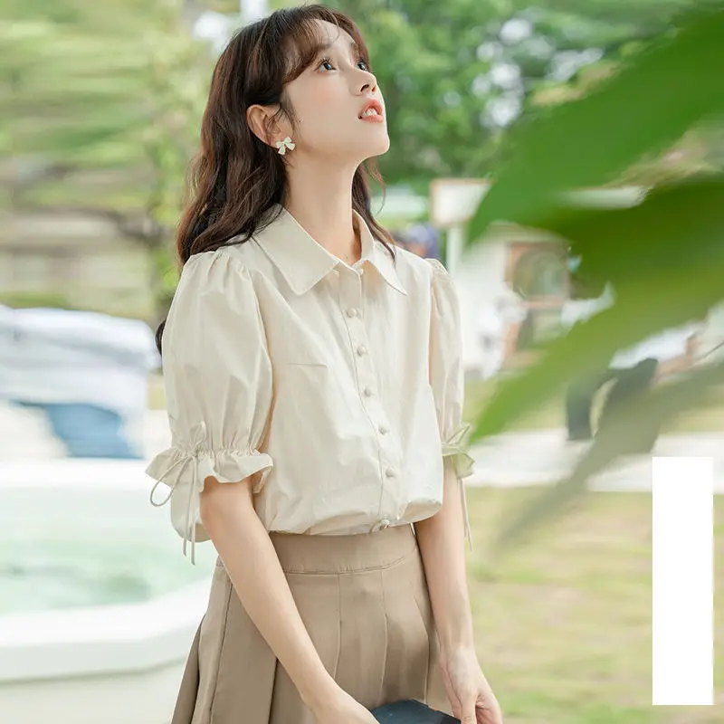 Women Summer Korean Sweet Loose Solid Color Polo-Neck Short Sleeve Shirts Women Clothes Fashion All-match Appear Thin Top Tee