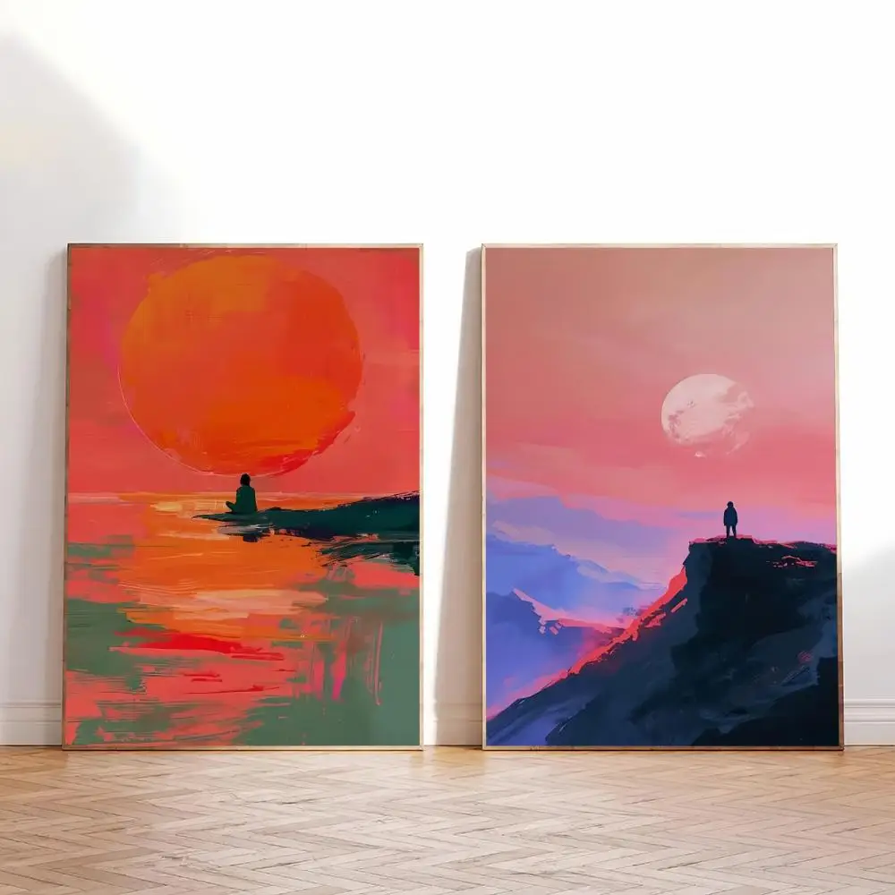 Vivid Red Sunset HD Wall Art Poster Lone Figure Solitude Impasto Oil Painting Modern Abstract Seascape Living Room Home Decor