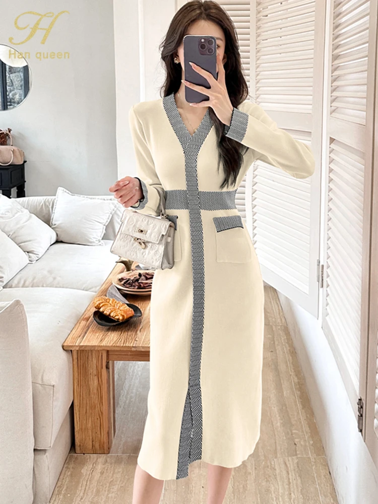 H Han Queen Autumn Winter Women Color Clash Simple Vintage Dresses Office Casual Dress Elegant Slim Bottoming Knit Midi Vestidos