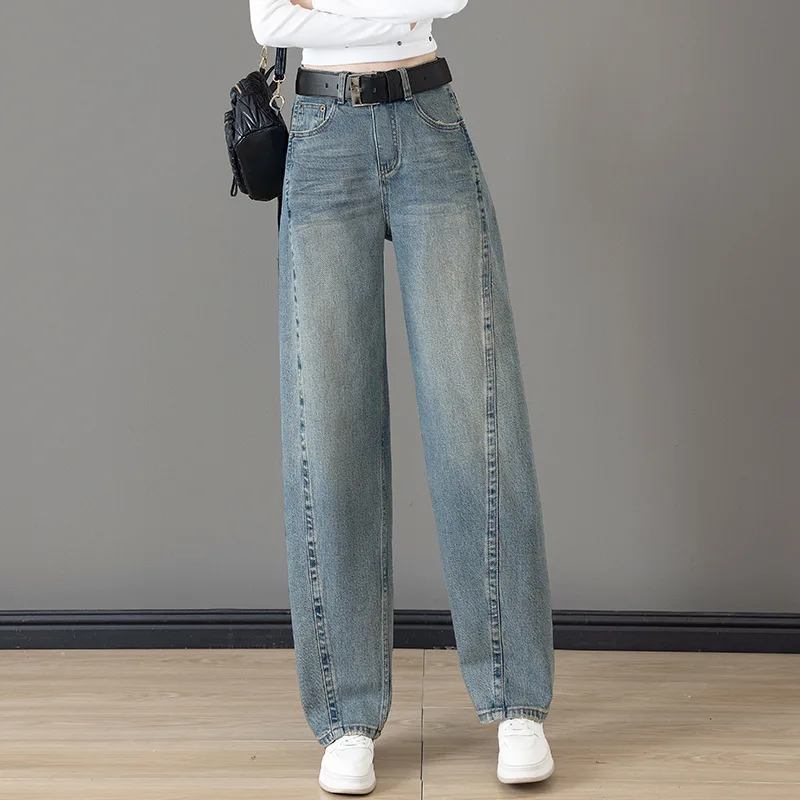 جينز مستقيم ضيق للربيع والخريف للنساء، سروال متعدد الاستخدامات، خصر عالي، سروال طويل فضفاض واسع الساق، سروال Scimitar