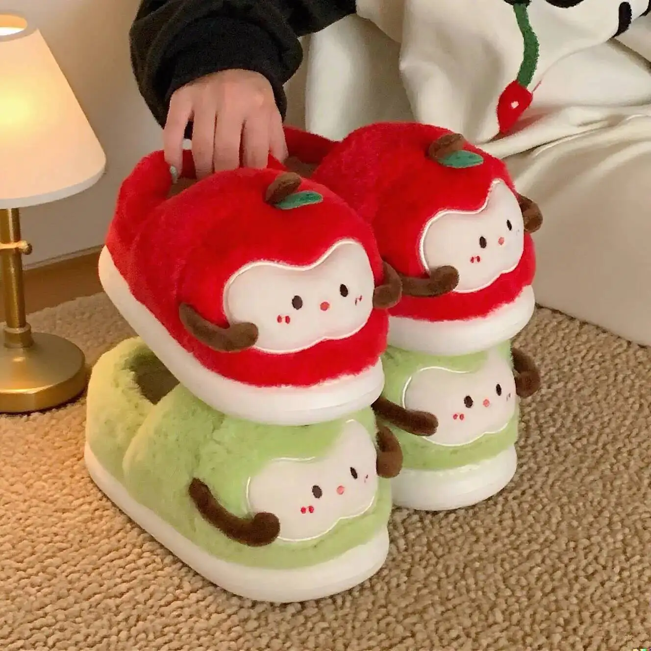 

Home Slippers 2025 Winter New Women's Home Slippers Red Apple Cotton Slippers Fleece Anti Slip Indoor Household Slipper