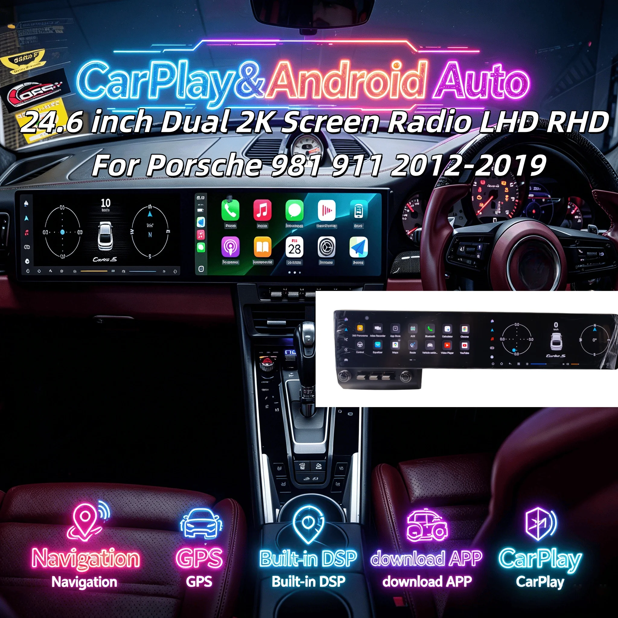 Upgraded LHD RHD For Porsche 981 911 2012-2019 CarPlay Android Player Interactive Dual Screen Car GPS Multimedia Video Bluetooth