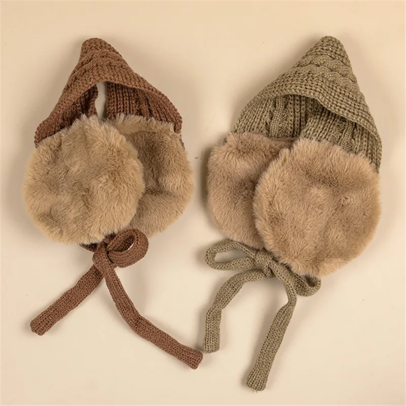 Thicken Children Earmuffs Japanese Style Handmade Knitted Warm Boys Girls Strappy Solid Color Cute Autumn Winter Accessories New