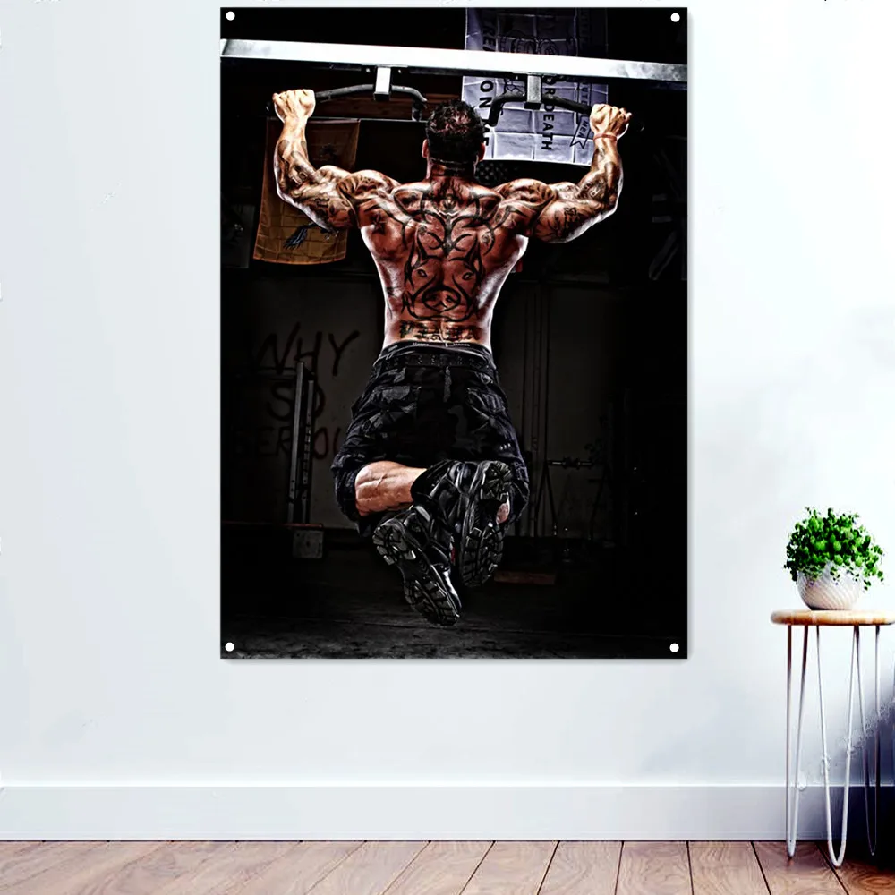 Back Muscular Man Workout Sport Banners Wall Hanging Flag Bodybuilding Fitness Poster Canvas Painting Gym Decorative Tapestry