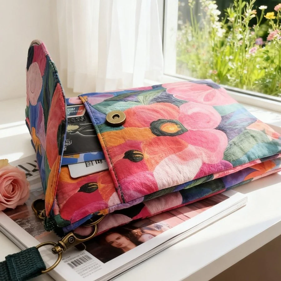 Floral Oil Painting Crossbody Phone Bag Women 5-Layer Multi-Pocket Lightweight Small Mini Shoulder Purse