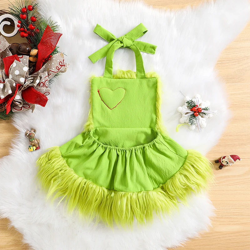 Baby Girl Christmas Bodysuit Sleeveless Halter Neck Velvet Romper Dress Playsuit Furry Xmas Costume Cosplay Photography Clothes