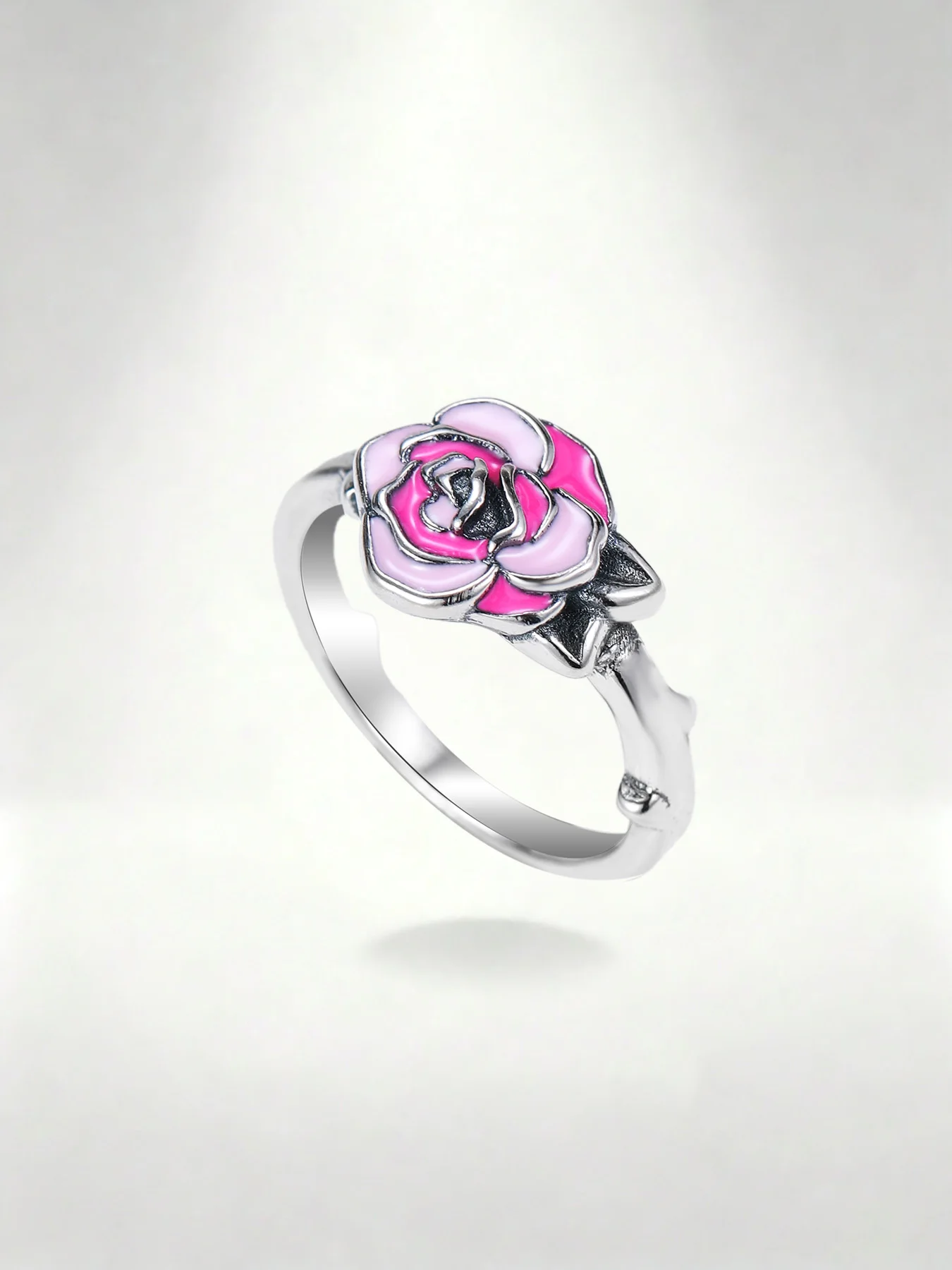 1pc 925 Sterling Silver Adjustable Pink Enamel Rose Ring for Women, Vintage 3D Flower Open Band Ring, Romantic Floral Statement