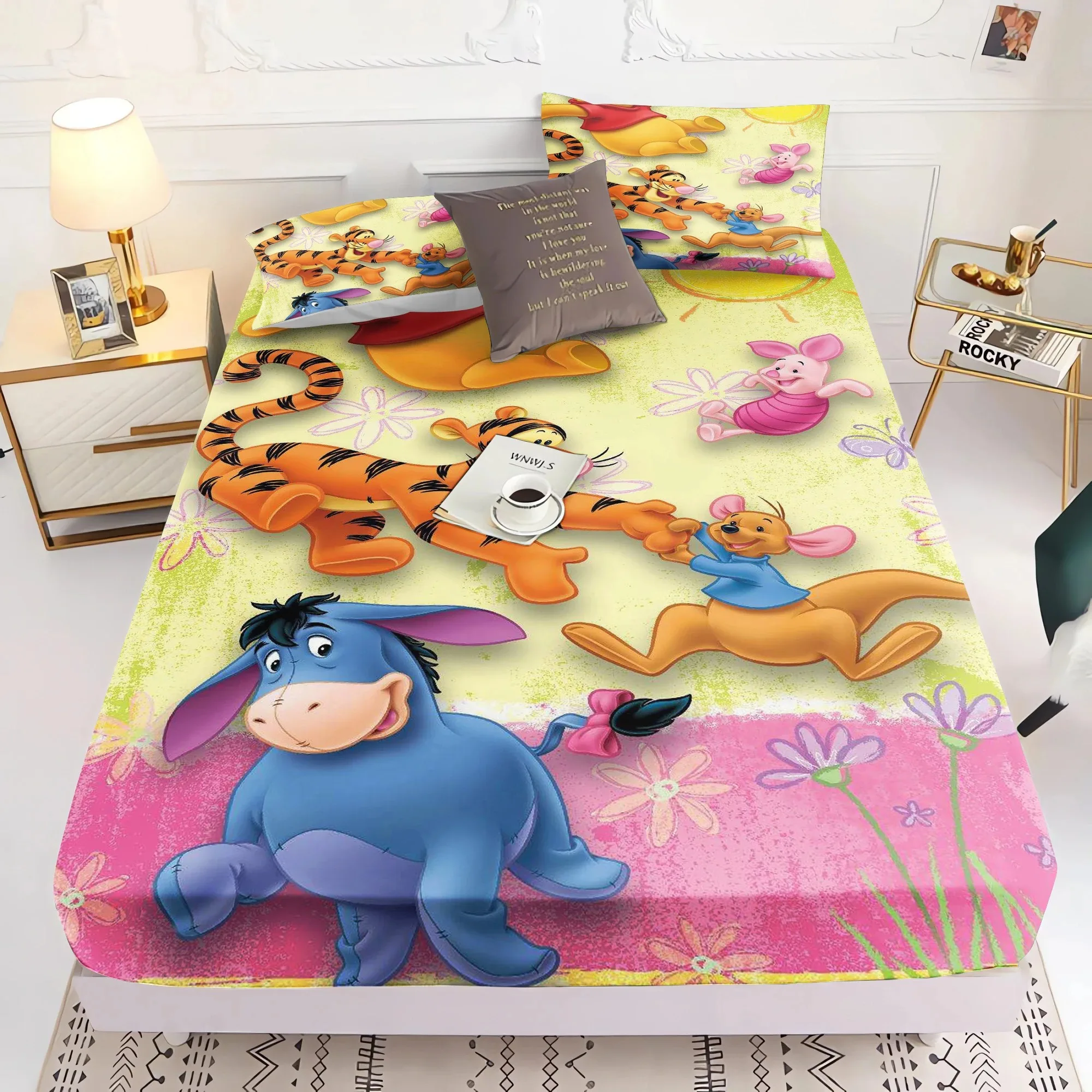 Soft Luxury Winnie The pooh Fitted Bed Sheet with Elastic Bands Mattress Cover Non Slip Machine Washable 140/160/180/200cm