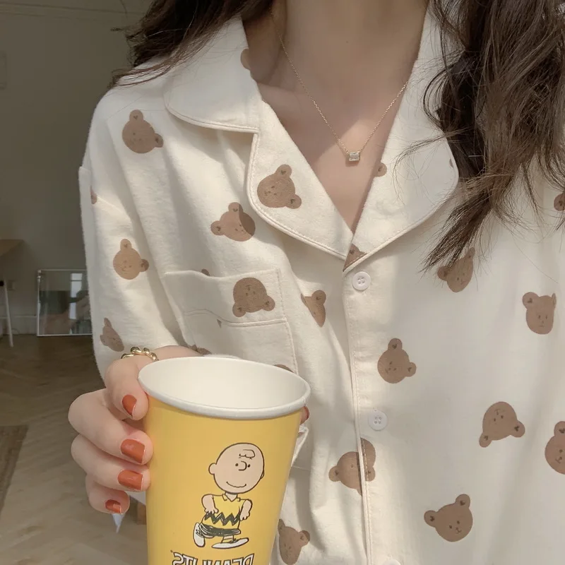 Cartoon Bear Shirts + Trousers Two Piece Pajamas Set Women Korean Kawaii Print Sleepwear Cotton Home Suit Vintage Homewear