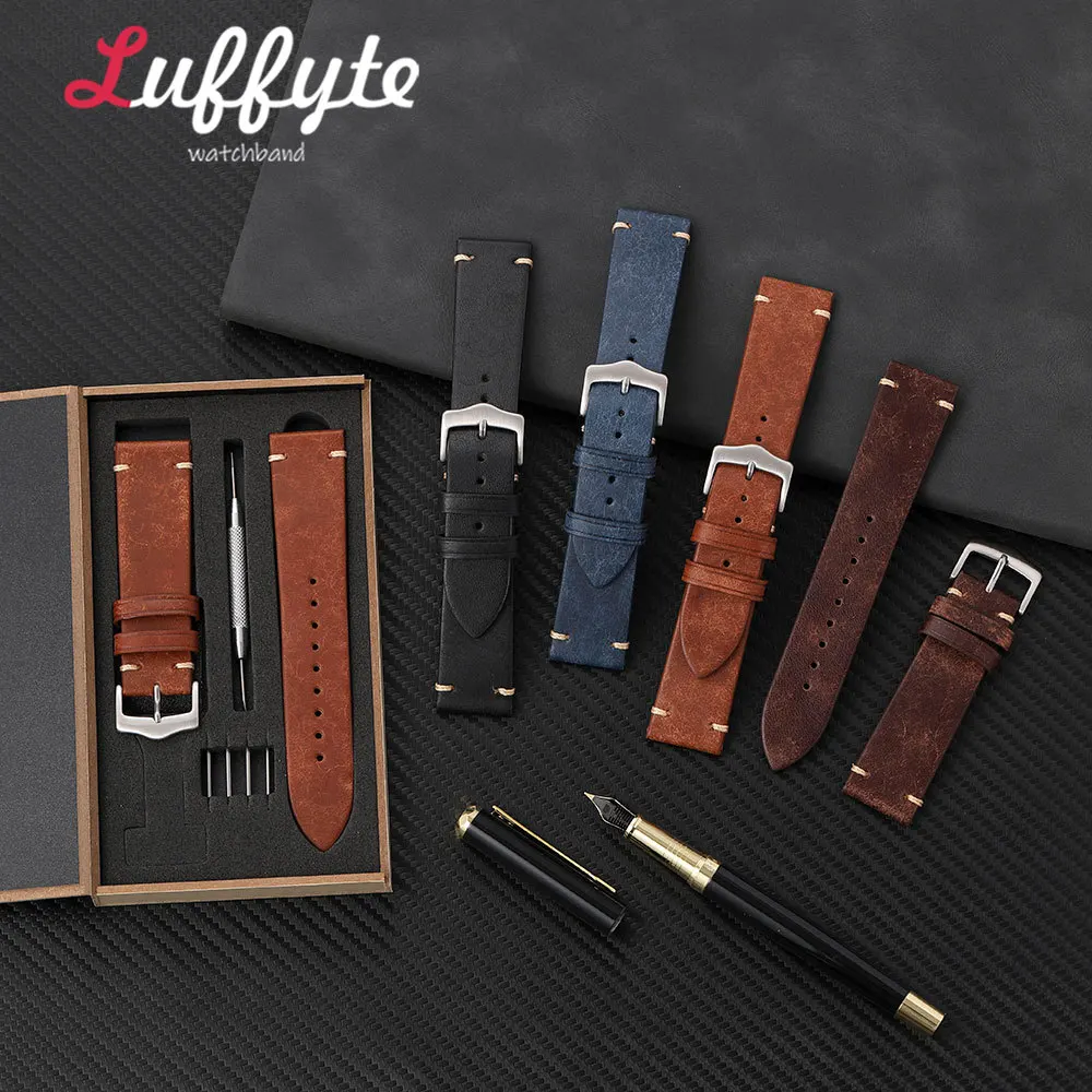 Men Matte Texture Watch Strap 20mm 22mm with Gift Packing Box Retro Business Calfskin Genuine Leather Wristband