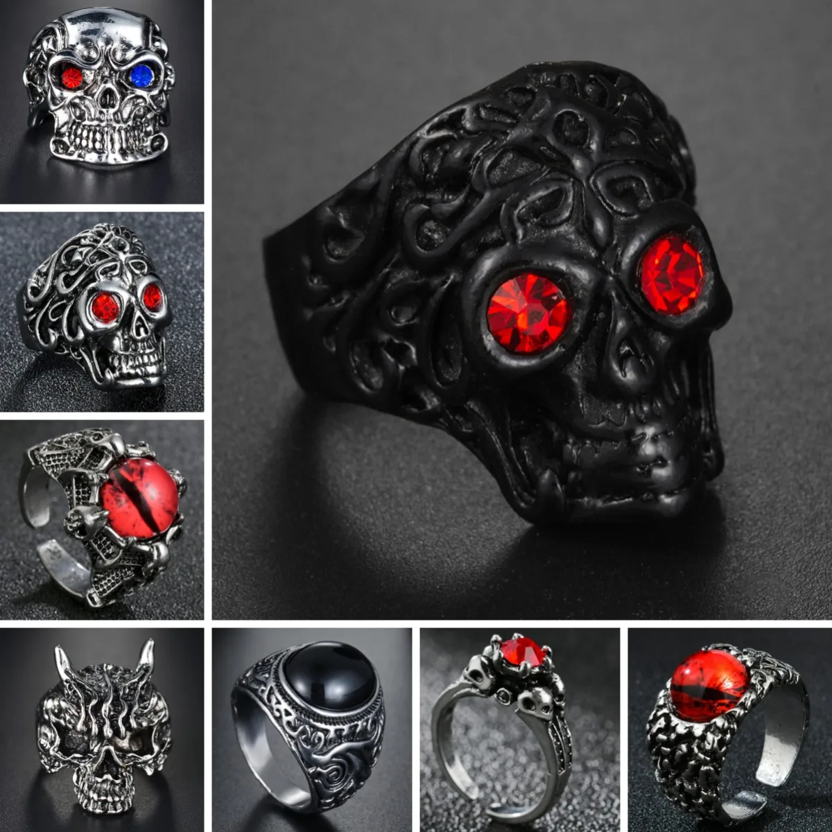 Vintage Gothic Skull Ring Men Red Crystal Stone Evil Eye Black Rings Punk Jewelry Female Halloween Jewelry Gift