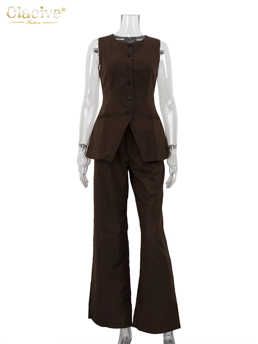 Brown Linen Pants Set: Sleeveless Tank and High Waist Wide Trousers