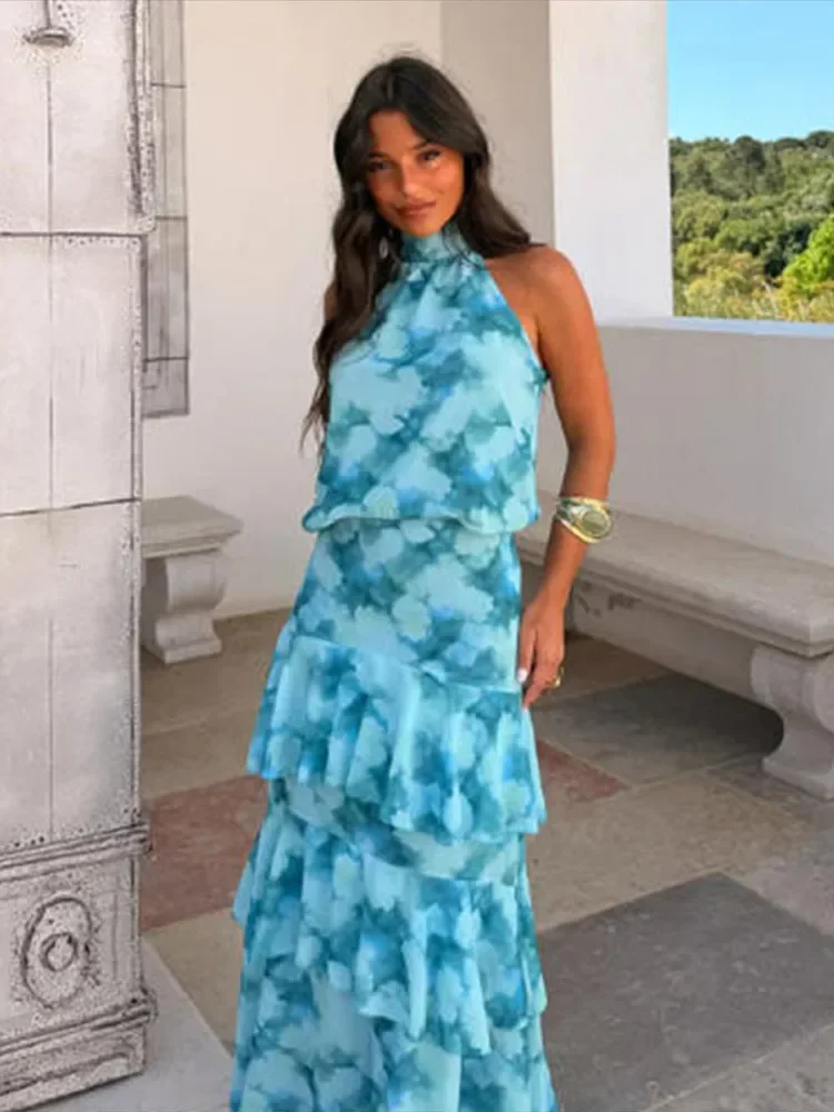 Casual Printed Women's Skirts Suit Sleeveless Backless Halter Vest Cascading Ruffle Long Skirt Set 2026 Summer Chic Lady Outfits image 2