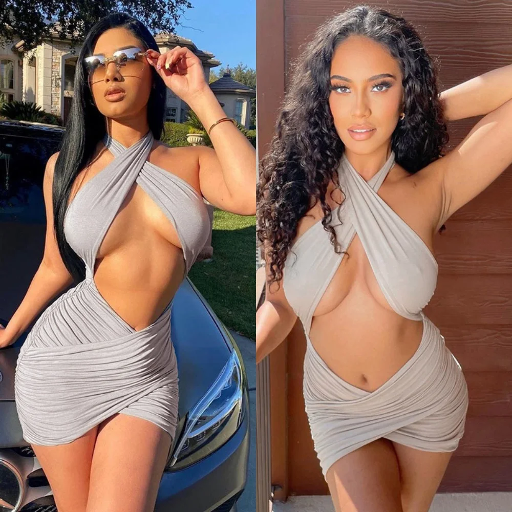 Sexy Plissee Neckholder Abend Party Kleid Sommer Kurze Cut Out Kleider für Frauen Enge Club Mini Kleid Clubwear