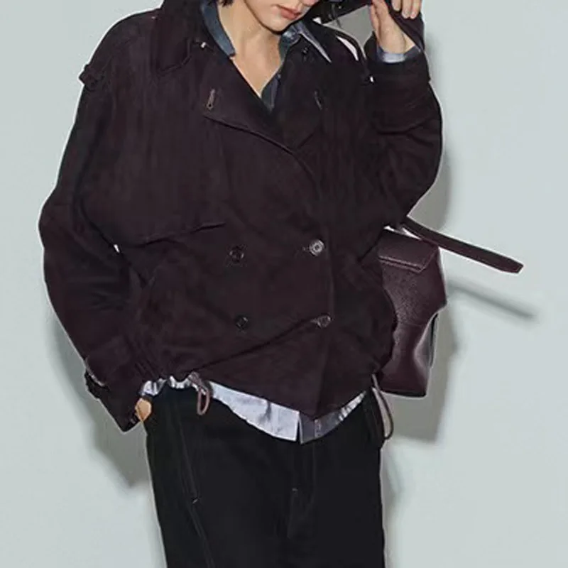 Real Suede Jacket Autumn Women Sheepskin Old Money Wind Casual Double-Breasted Short Lapel Work Clothes Dark Blue Leather Coat