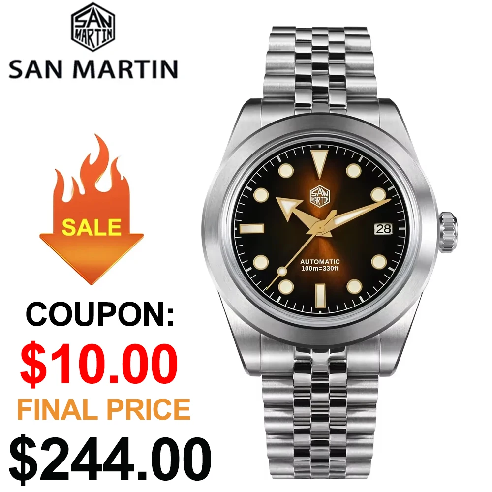 San Martin SN0053 39mm Men Watch NH35A Automatic Mechanical Sunray Enamel Dial Sapphire 100m Waterproof BGW Luminous Watches