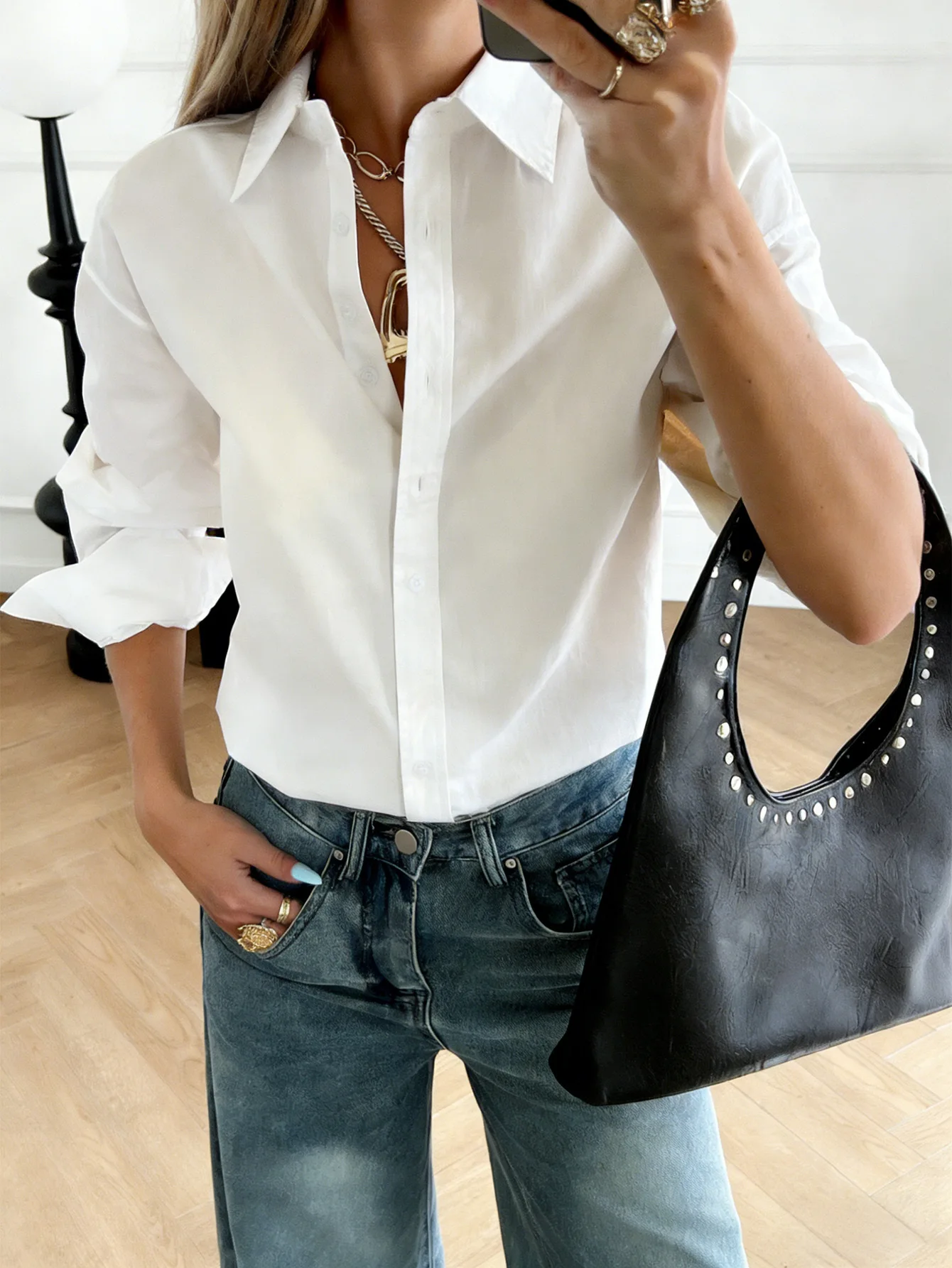

Women's Shirt Spring Summer Classic Fashionable Elegant Commuting Style Solid Color Lapel Slim Fit Long Sleeved Shirt