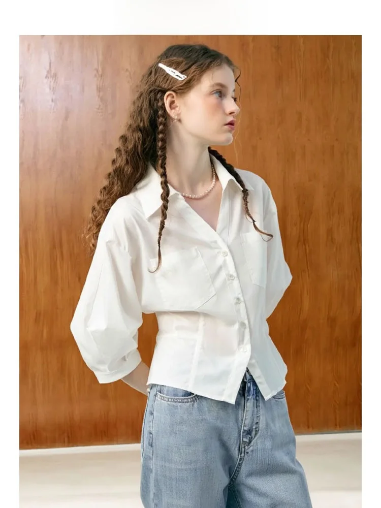 

Белая женская рубашка с зауженной талией, рукавом три четверти, в корейском стиле, свободного кроя, с пуговицами, для повседневной носки