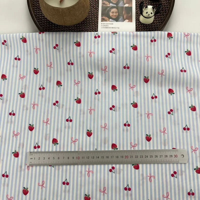 0.5m Pure Cotton Floral Stripe Fabric Cherry Bowknot Print Cloth For Doll Clothes Pillow Tablecloth DIY Handmade Sewing Material view 5