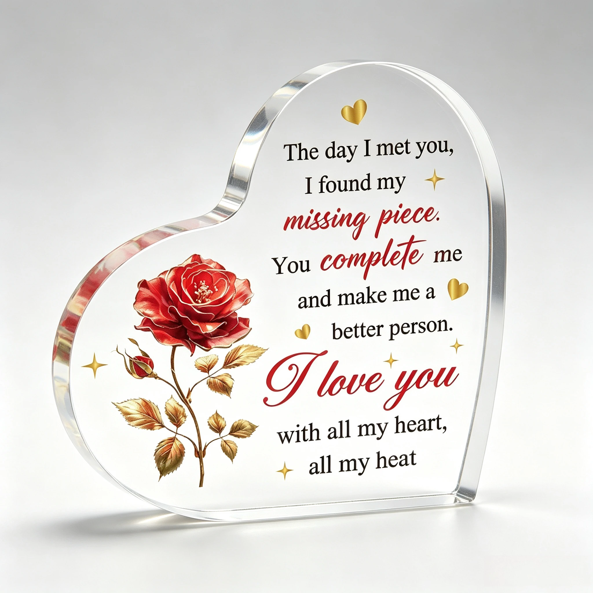 The Day I Met You Heart‑Shaped Acrylic Tabletop Plaque, Vintage Red Rose Gold Heart Romantic Couple Desk Keepsake Gift