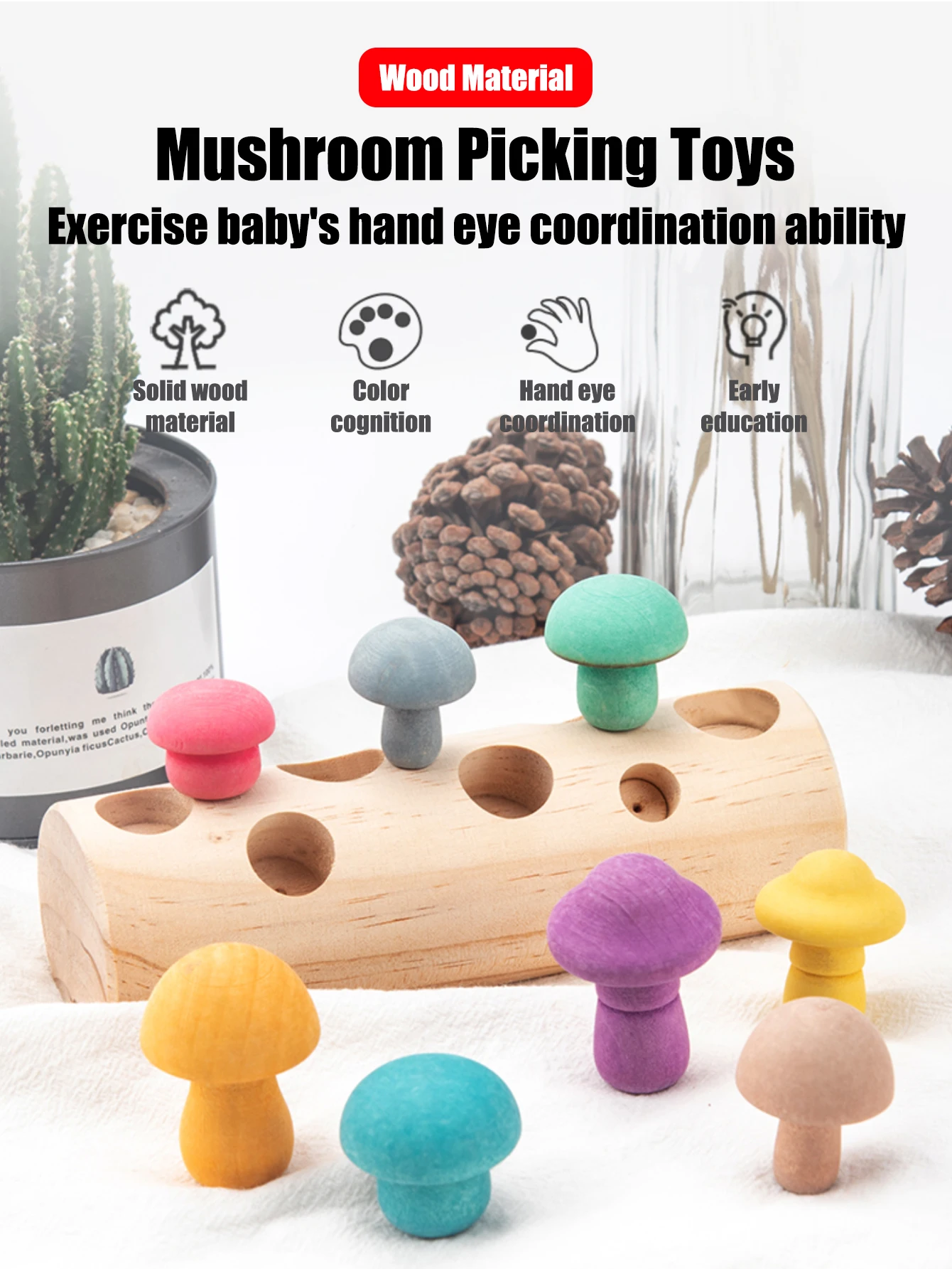 9 pezzi di giocattoli per la prima educazione dei bambini con abbinamento di colori e forme, esercizi per la raccolta dei funghi, coordinazione occhio e mano