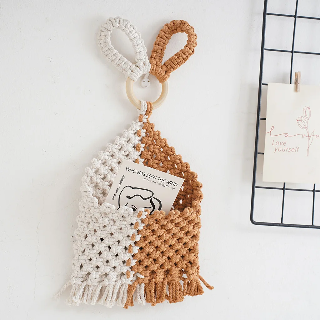 Two Tone Macrame Tapestry Bunny Ear Hanging Storage Pouch Nordic Bohemian Home Decor Organizer Handwoven Cotton Cord Wall Pouch