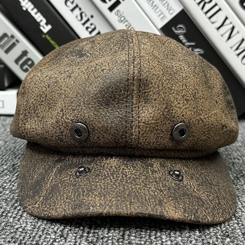 High Grade Full Grain Cow Leather Autumn Winter Artist Beret Hat For Men Distress Octagonal Cap Outdoor Retro Women Visor Hat