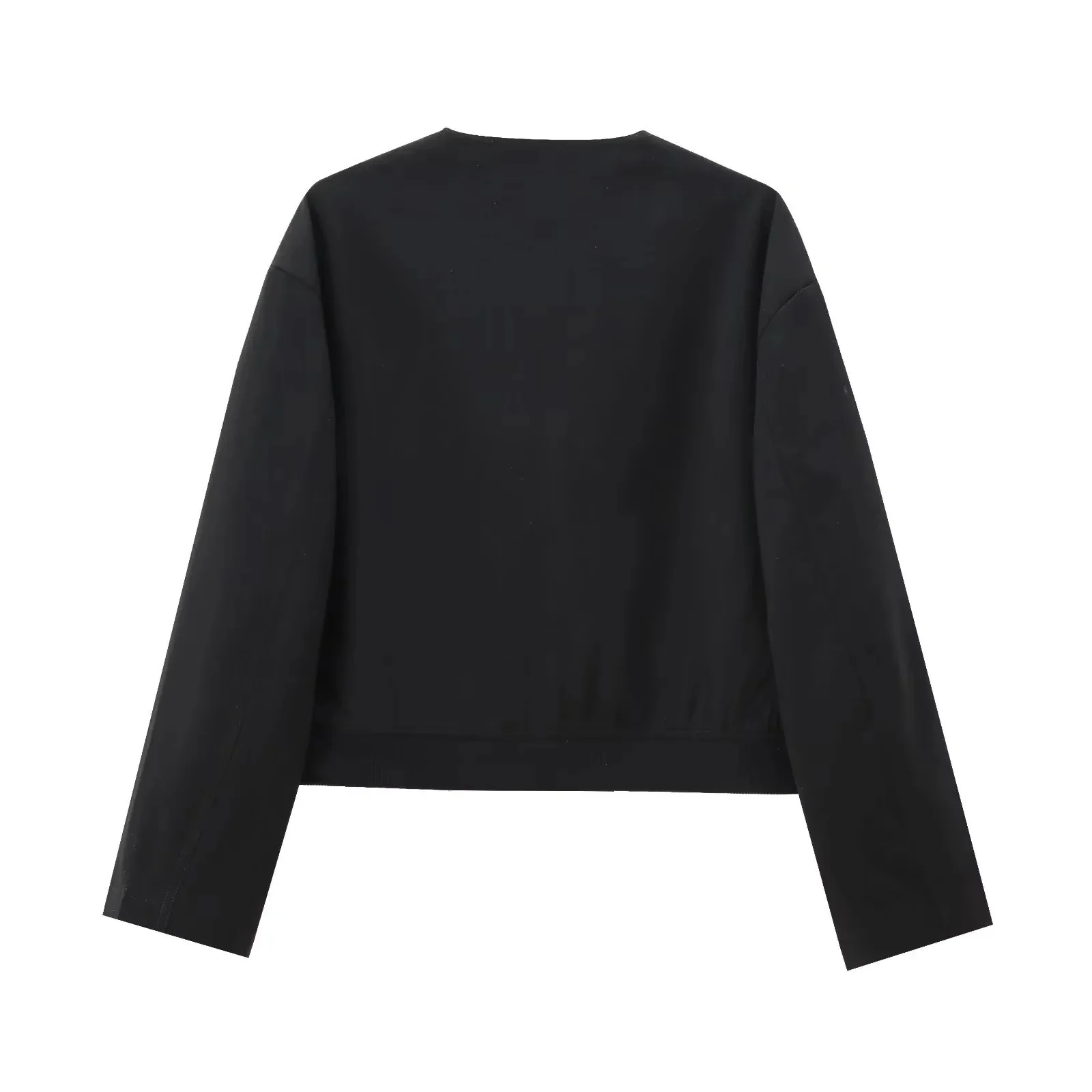 Cross-Border Women's Faion ort Pilot Jaet Coat Bla round Ne ket Decorated College Sle Pure Color Fem Outerwear