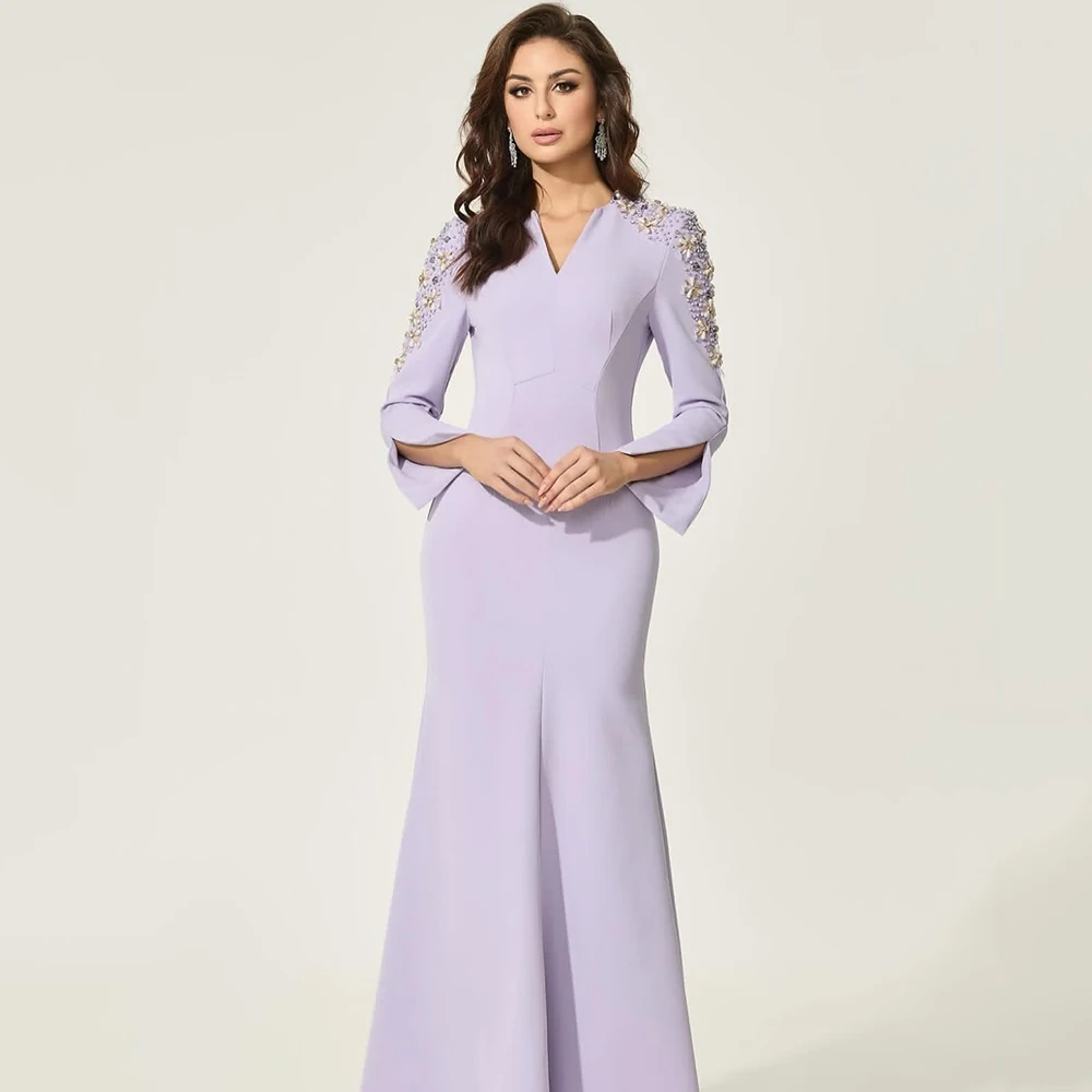 

Светло-фиолетовое вечернее платье из джерси с v-образным вырезом по индивидуальному заказу и кристаллами с длинными рукавами, плиссированное вечернее платье Русалка длиной до пола, платья для выпускного вечера