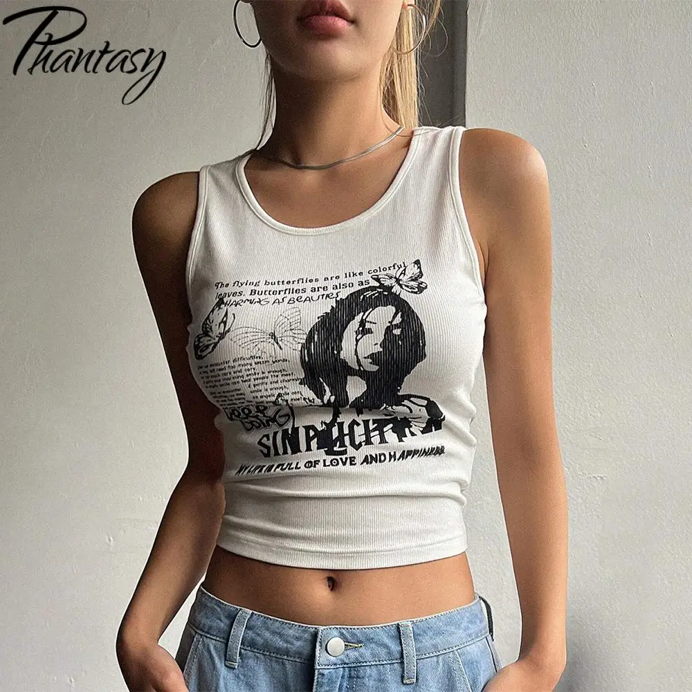 Phantasy Y2K Women Vest Sexy Short Tank 3D Printing Fashion O Neck Tops Skinny White Streetwear Women Spring Summer Slim Tees